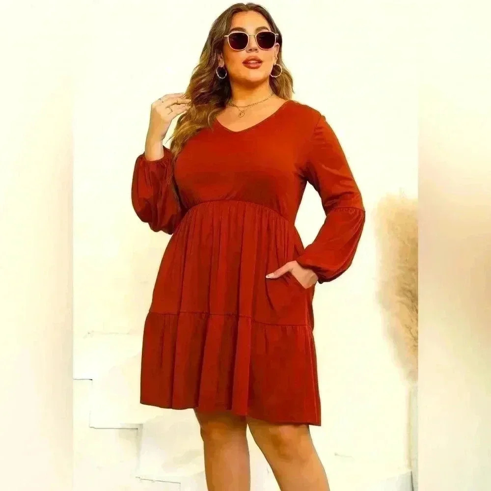 Celkuser Plus Size Long Lantern Sleeves Loose V-Neck Babydoll Dress with Pockets